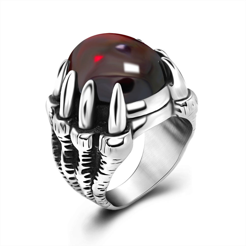 Wee Luxury Men Rings Red - Us size 7 Geometric Red Gemstone Dragon Claw Ring in Titanium Steel for Men