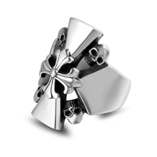 Wee Luxury Men Rings Titanium Steel Men's Gothic Skull Ring with Cross and Flower Design