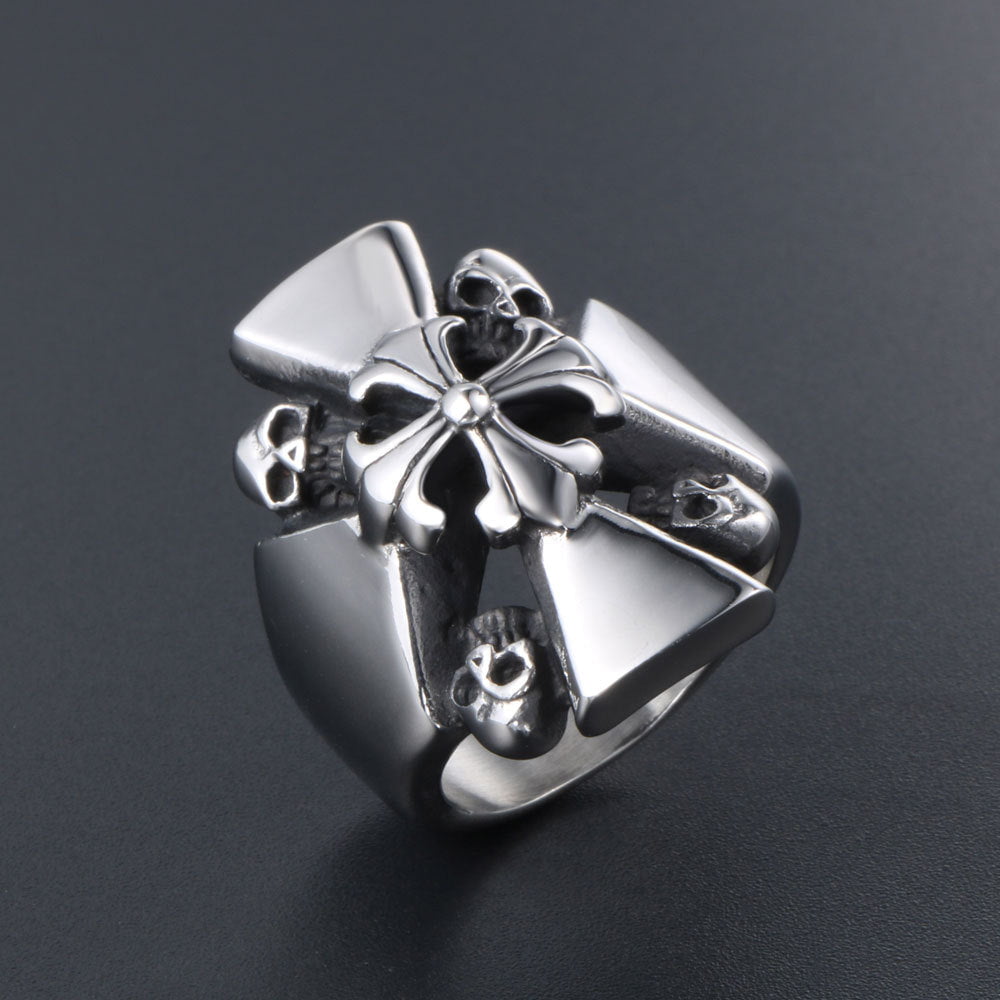 Wee Luxury Men Rings Titanium Steel Men's Gothic Skull Ring with Cross and Flower Design