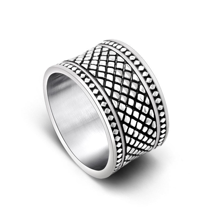 Wee Luxury Men Rings Vintage Checkered Grain Wide Plaid Patterned Mens Titanium Ring