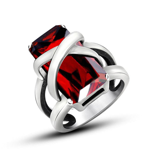 Wee Luxury Men Rings Vintage-Inspired Men's Ruby Ring in Geometric Titanium Steel