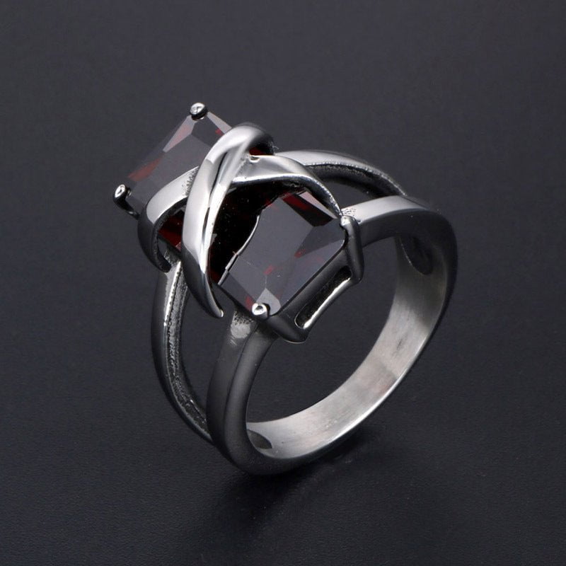 Wee Luxury Men Rings Vintage-Inspired Men's Ruby Ring in Geometric Titanium Steel