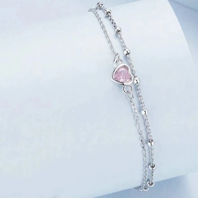 Wee Luxury Silver Bracelets BSB152 Double Layer Barbie Pink Heart Adjustable Chain Bracelet
