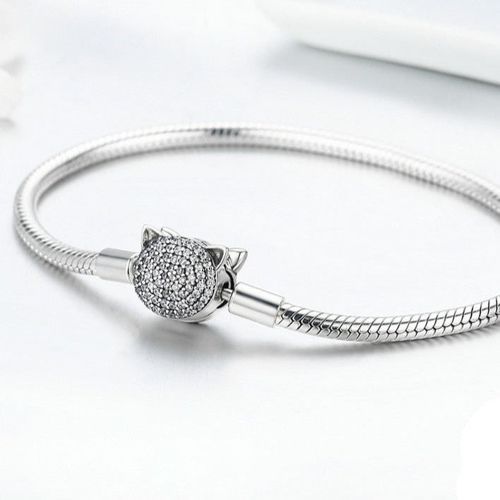 Wee Luxury Silver Bracelets Cute Cat Snake Chain Silver Charm Bracelet