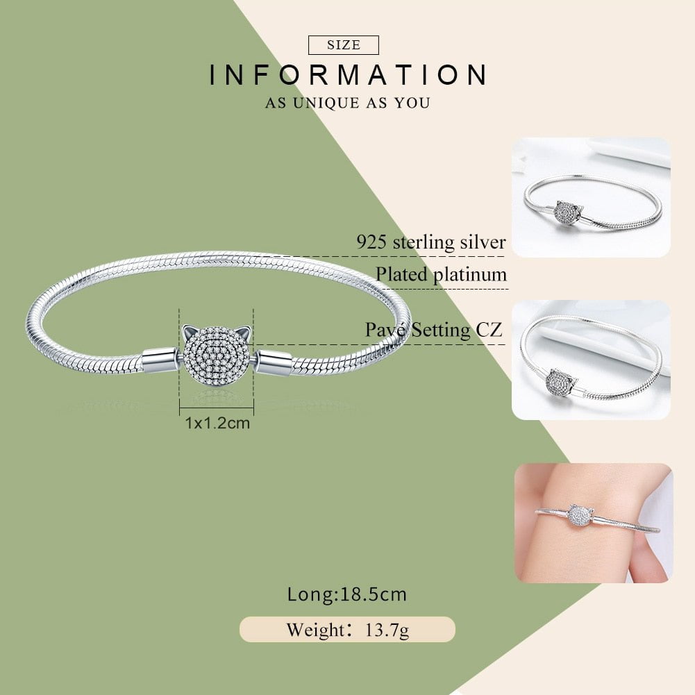 Wee Luxury Silver Bracelets Cute Cat Snake Chain Silver Charm Bracelet