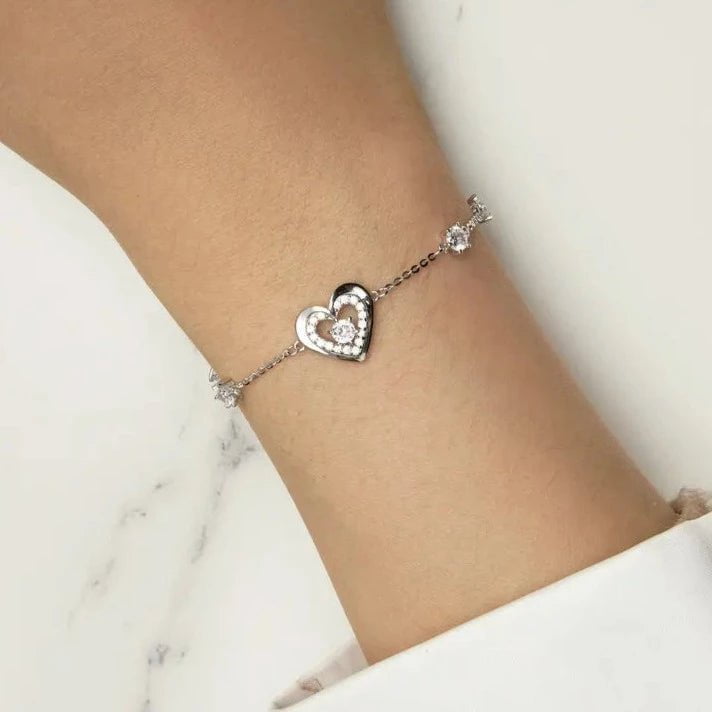 Wee Luxury Silver Bracelets Double Heart Adjustable Classic Chain Link Bracelets