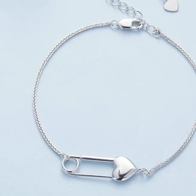 Wee Luxury Silver Bracelets Heart-Shaped Button Pin Bracelet Snake Chain Bracelet