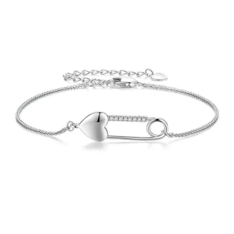 Wee Luxury Silver Bracelets Heart-Shaped Button Pin Bracelet Snake Chain Bracelet