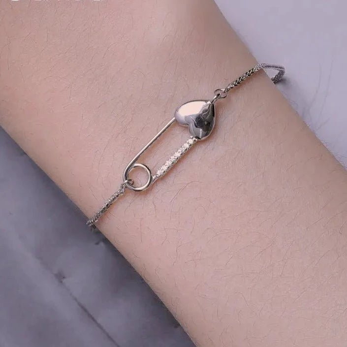 Wee Luxury Silver Bracelets Heart-Shaped Button Pin Bracelet Snake Chain Bracelet