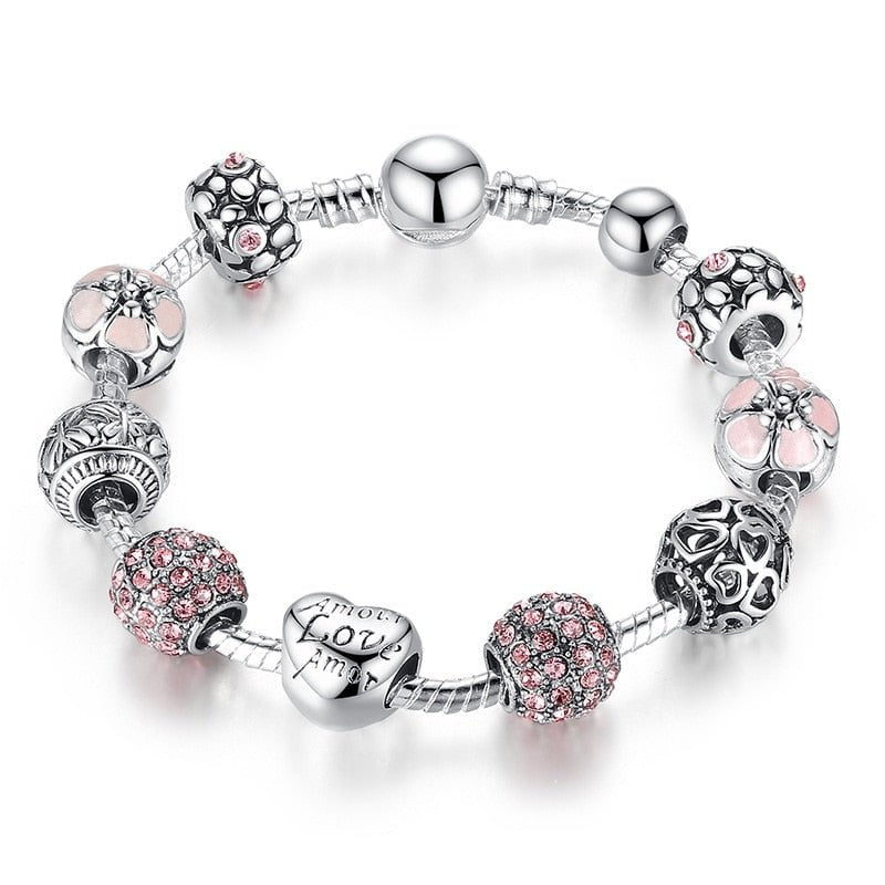 Wee Luxury Silver Bracelets PA1455 / 18cm Silver Bangle with Love and Flower Beads Women Wedding