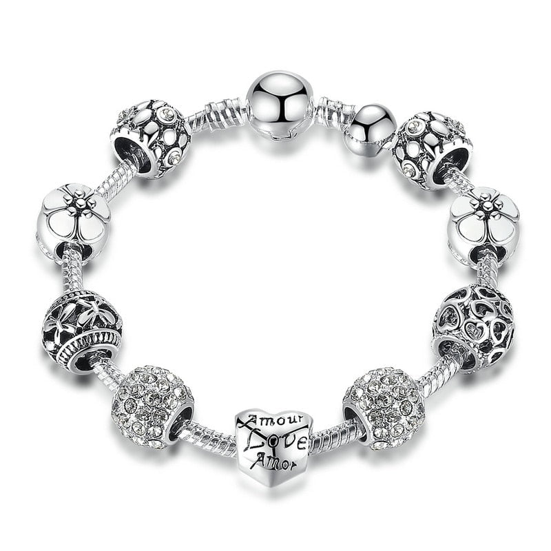 Wee Luxury Silver Bracelets PA1503 / 18cm Silver Bangle with Love and Flower Beads Women Wedding