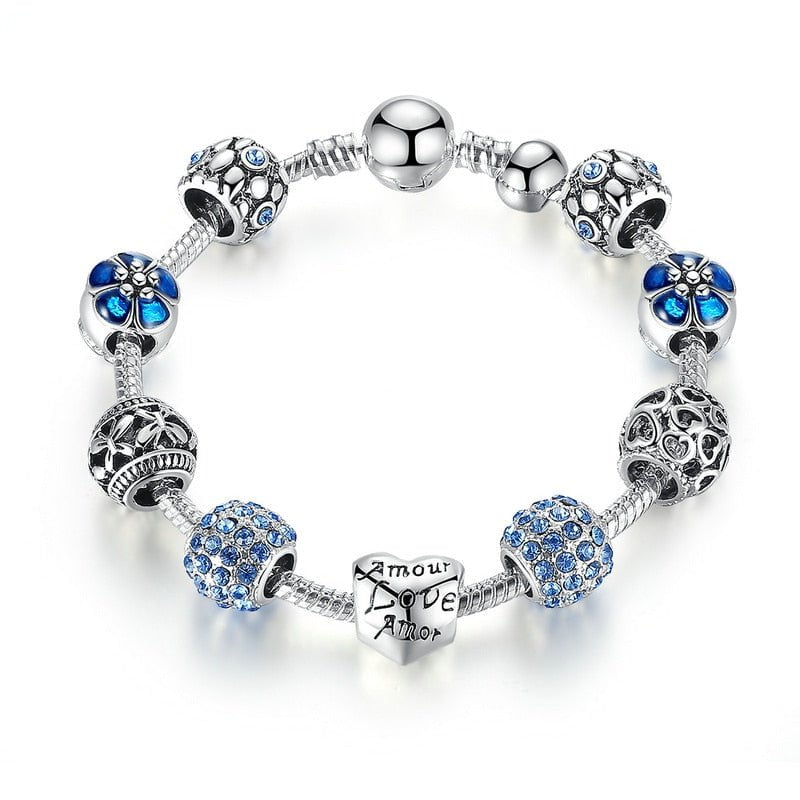 Wee Luxury Silver Bracelets PA1505 / 18cm Silver Bangle with Love and Flower Beads Women Wedding