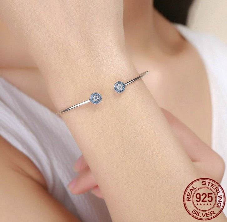 Wee Luxury Silver Bracelets Silver Blue Zircon Lucky Eyes Silver Cuff Bracelet For Women