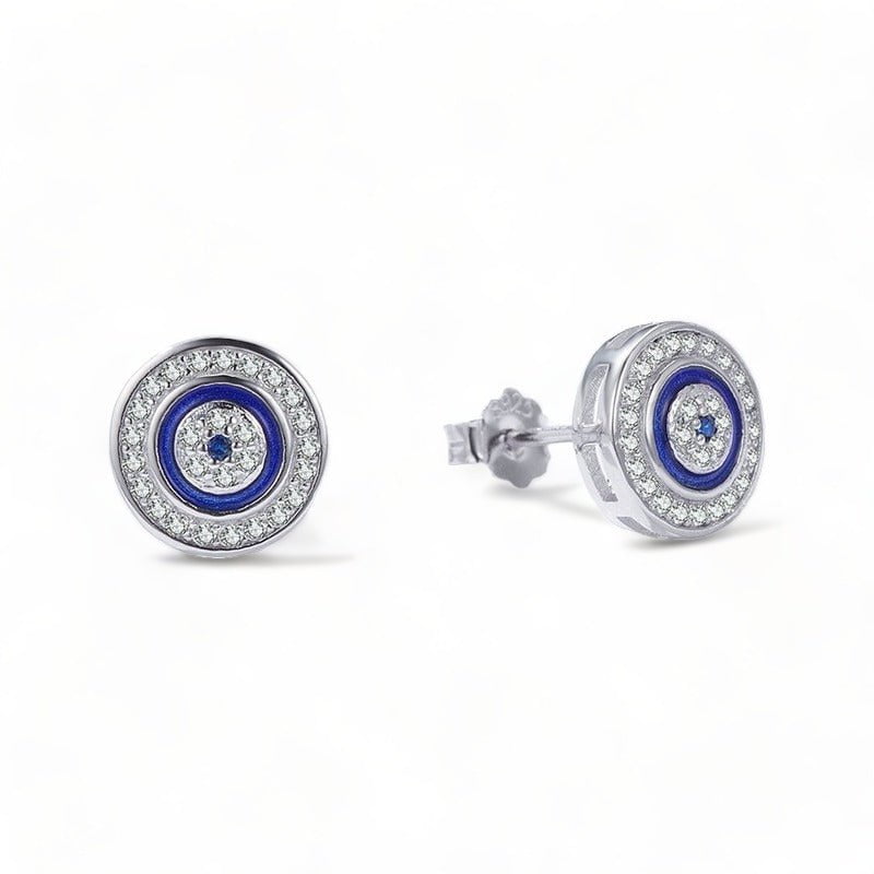 Wee Luxury Silver Earrings Silver Blue Zircon Lucky Eye Round Stud Earrings For Women