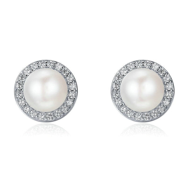 Wee Luxury Silver Earrings Silver Classic Round Fresh Water Pearl Stud Earrings Pave Setting CZ for Women