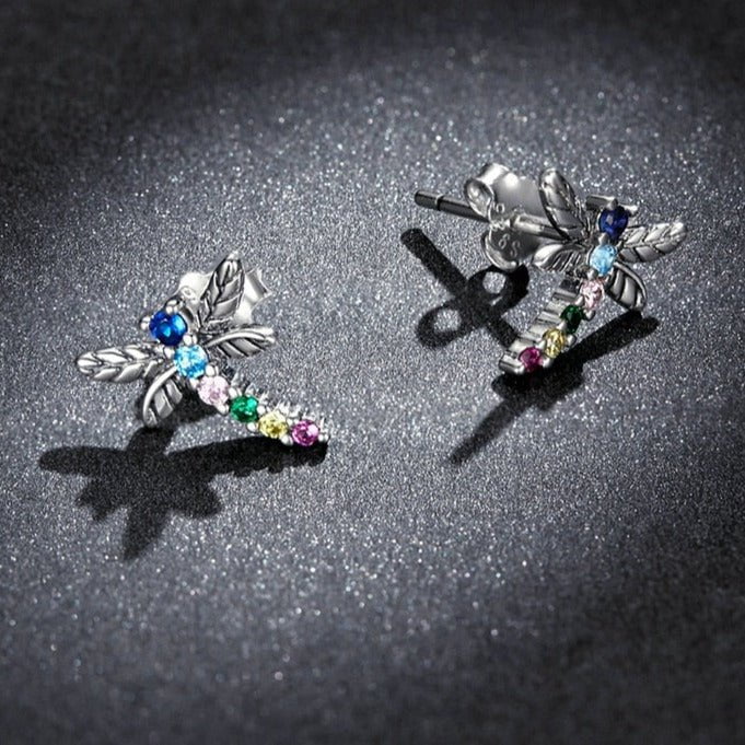 Wee Luxury Silver Earrings Silver Colorful Zircons Butterfly Dragonfly Stud Earrings For Women
