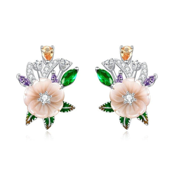 Wee Luxury Silver Earrings Silver Fashion Earrings For Women Pink Shell Flower White Champagne Zircon