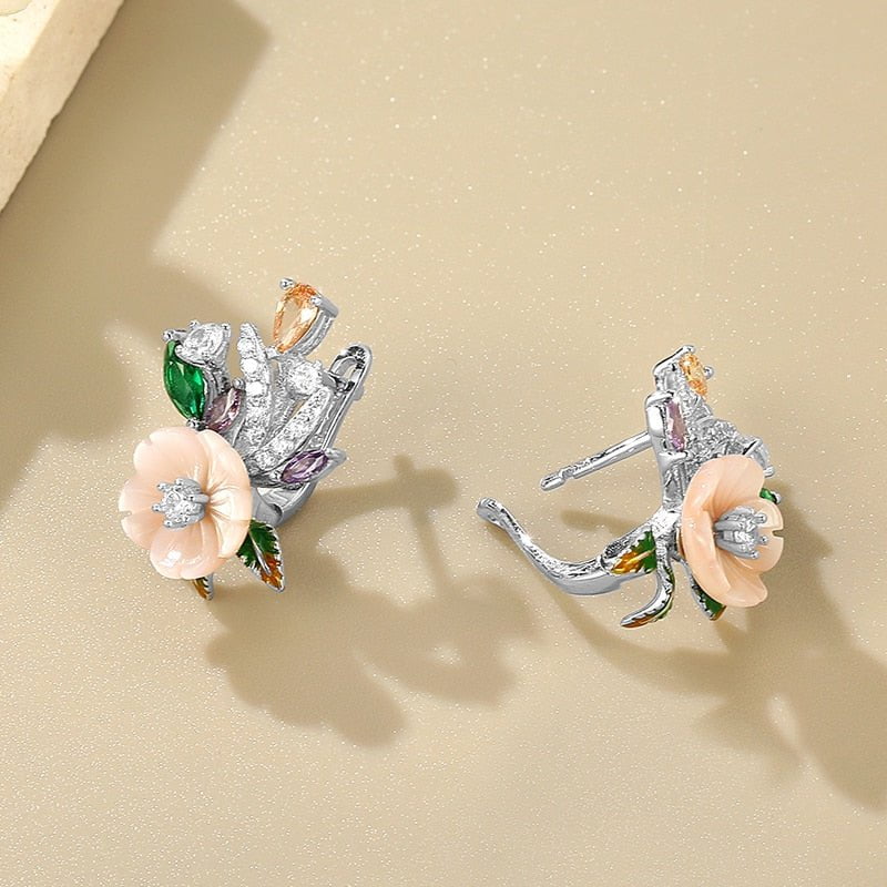 Wee Luxury Silver Earrings Silver Fashion Earrings For Women Pink Shell Flower White Champagne Zircon