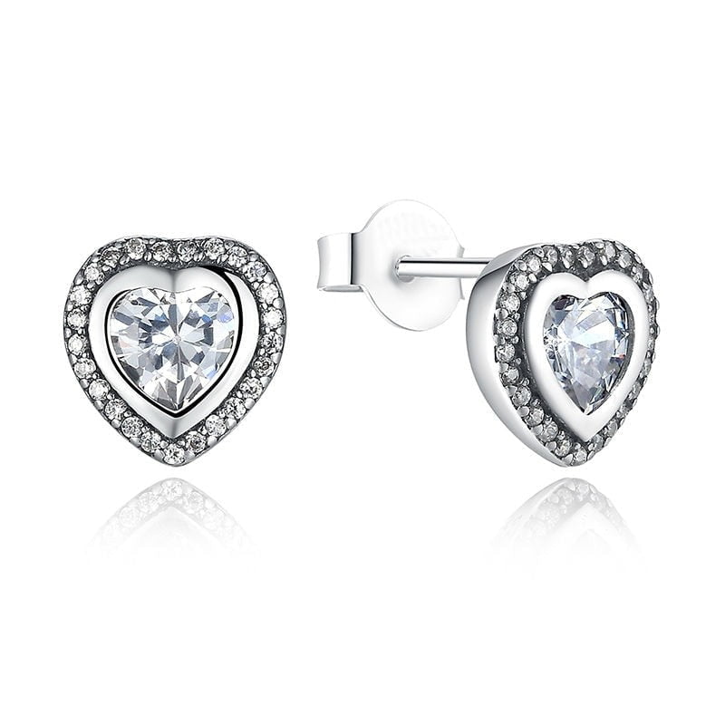 Wee Luxury Silver Earrings Silver Love Heart Shape Stud Clear Cubic Zirconia Fashion Anniversary Jewelry