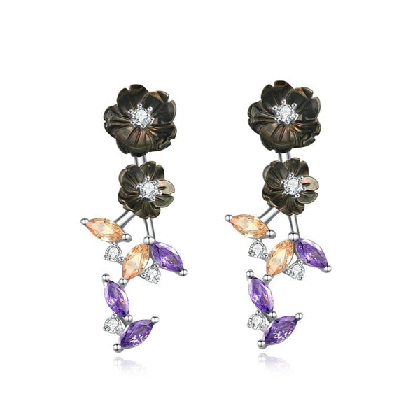 Wee Luxury Silver Earrings Silver Romantic Drop Earrings For Women Black Flower Shining Colorful Zircon