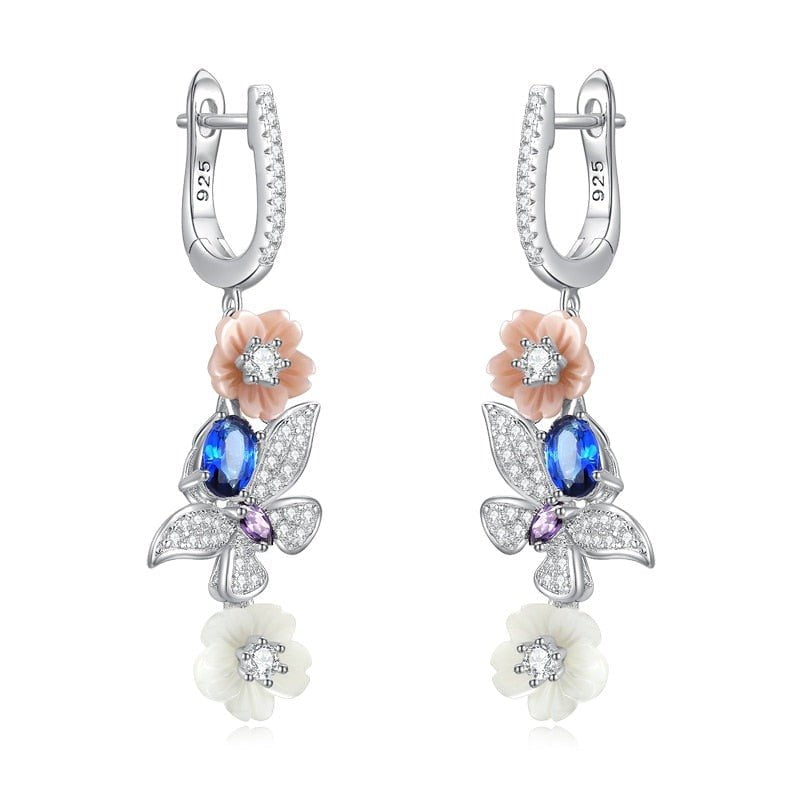 Wee Luxury Silver Earrings Silver Romantic Pink Shell Flower White Purple Zircon