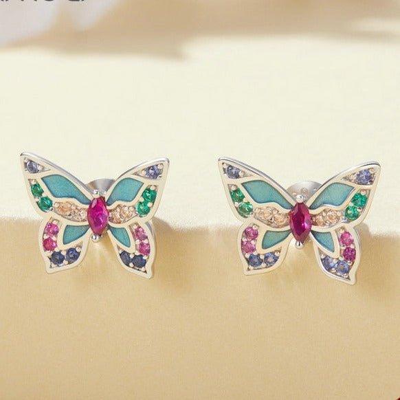 Wee Luxury Silver Earrings Silver Silver Colorful Zircon Butterfly Stud Earrings For Women