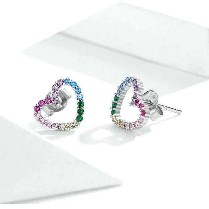 Wee Luxury Silver Earrings Silver Silver Rainbow Amour Pink Heart Stud Earrings For Women