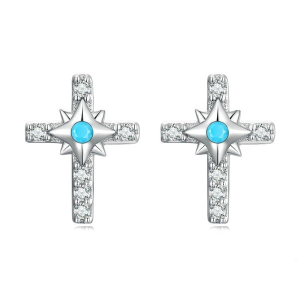 Wee Luxury Silver Earrings Silver Sterling Silver Bright Cross Fine Turquoise Jewelry Stud Earrings for Women