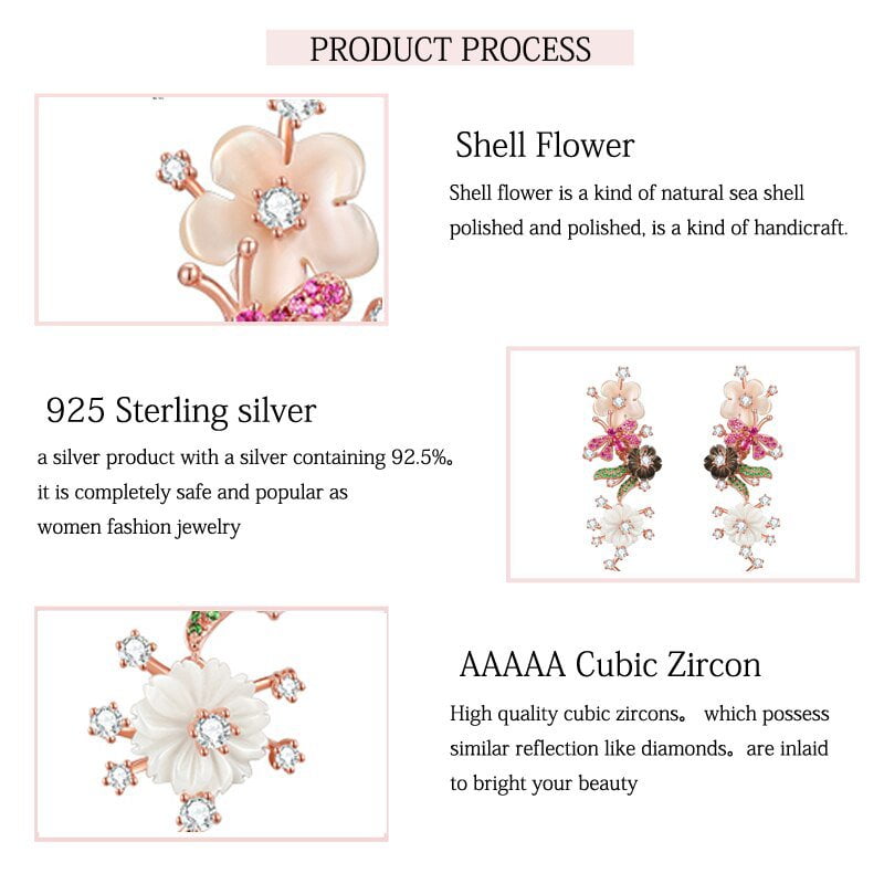 Wee Luxury Silver Earrings Silver Trendy Earrings For Women Black Pink Shell Flower White Zircon