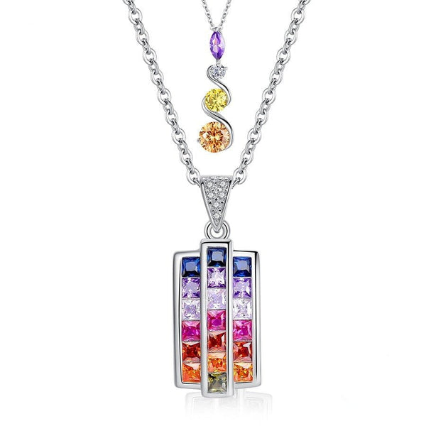 Wee Luxury Silver Necklaces Charm Rainbow CZ Cubic Zirconia Geometric Circle Chain Necklaces