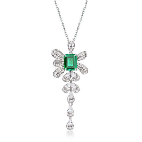 Wee Luxury Silver Necklaces Emerald Bow Tassel Sterling Silver Necklace with Gold Plating