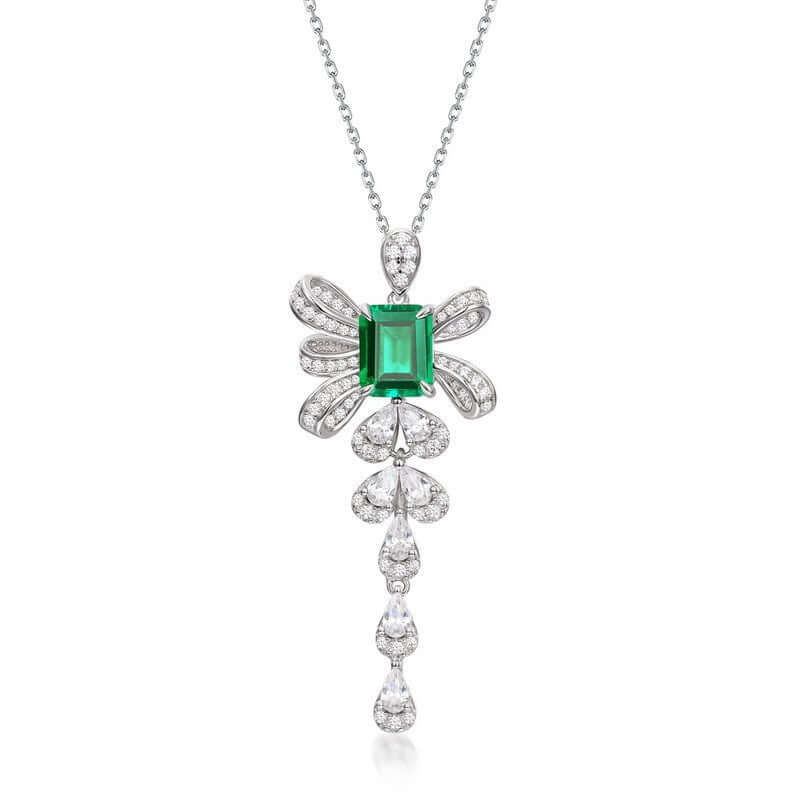 Wee Luxury Silver Necklaces Cultivation of emerald / 925 silver Emerald Bow Tassel Sterling Silver Necklace with Gold Plating