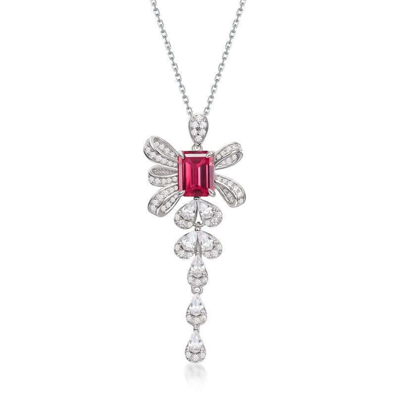 Wee Luxury Silver Necklaces Cultivation of ruby / 925 silver Emerald Bow Tassel Sterling Silver Necklace with Gold Plating