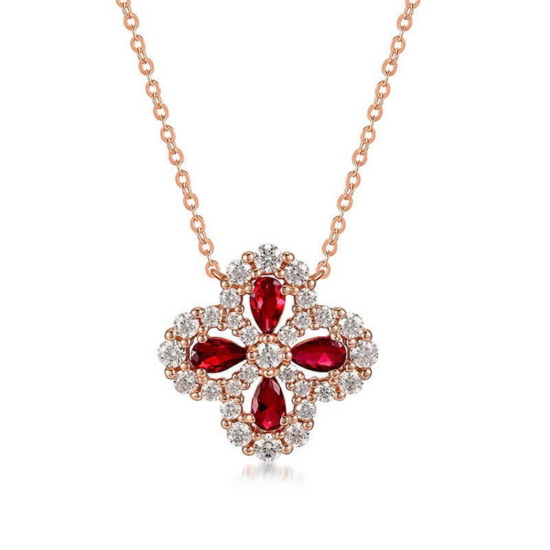 Wee Luxury Silver Necklaces Cultivation of ruby / 925 silver Red Clover Cultivation S925 Silver Pendant Necklace with Clavicle Chain