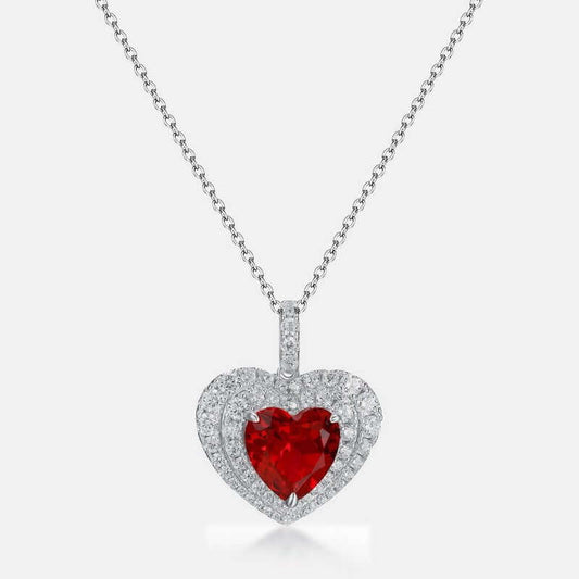 Luxurious Red Treasure 925 Sterling Silver Heart Necklace with gemstones.