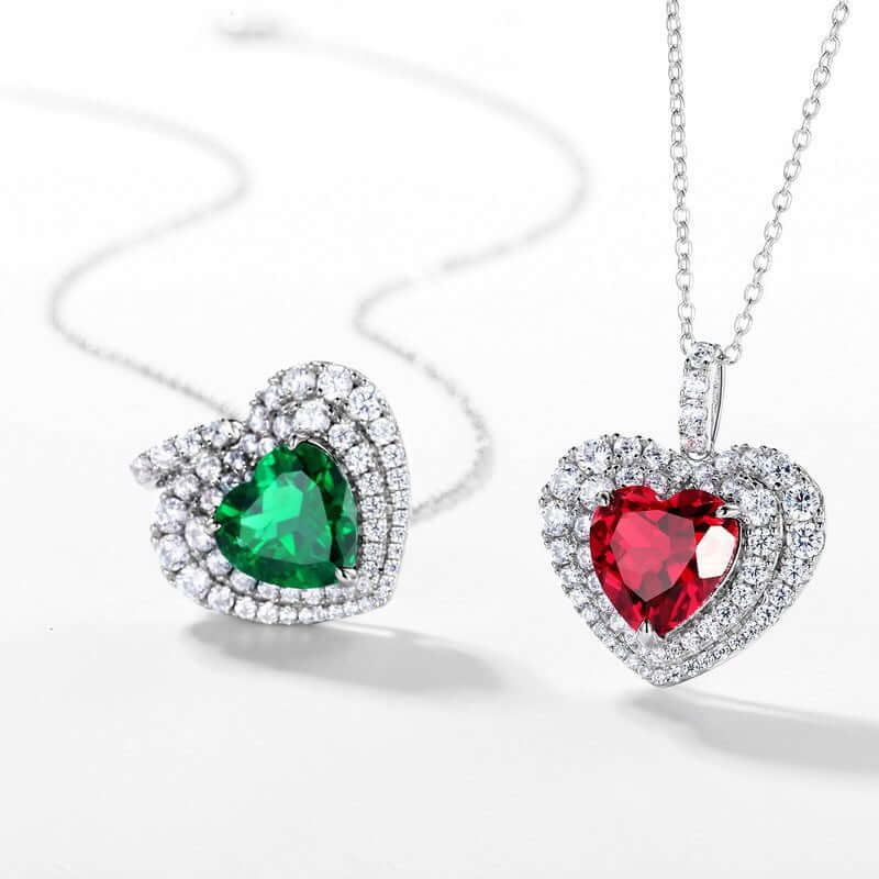 Luxurious red and green heart-shaped gemstone necklaces with sterling silver and micro gold plating.