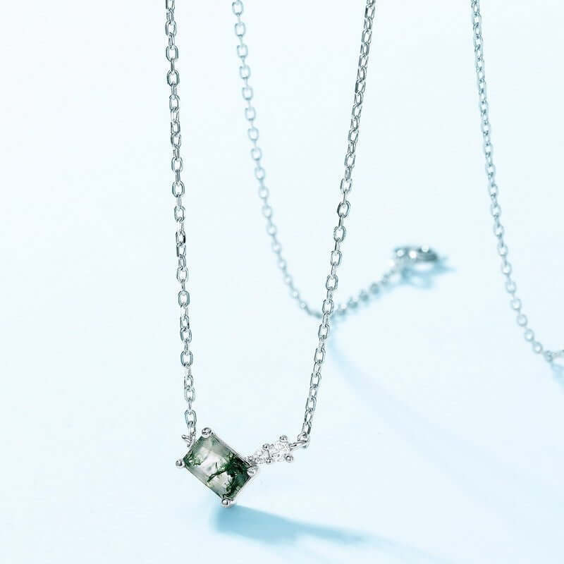 Sterling silver square pendant necklace with mossy agate.