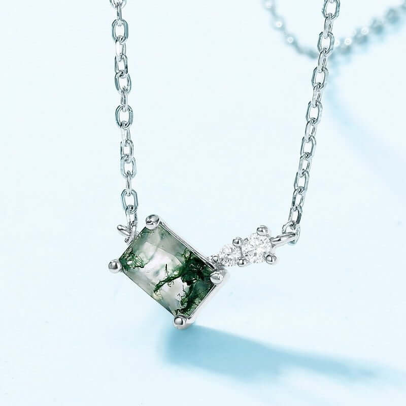 Wee Luxury Silver Necklaces Thick silver platinum / 925 silver Elegant Mossy Agate Silver Necklace with Square Pendant