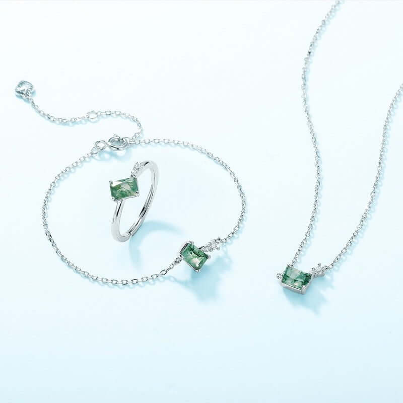 Sterling silver square pendant necklace with mossy agate.