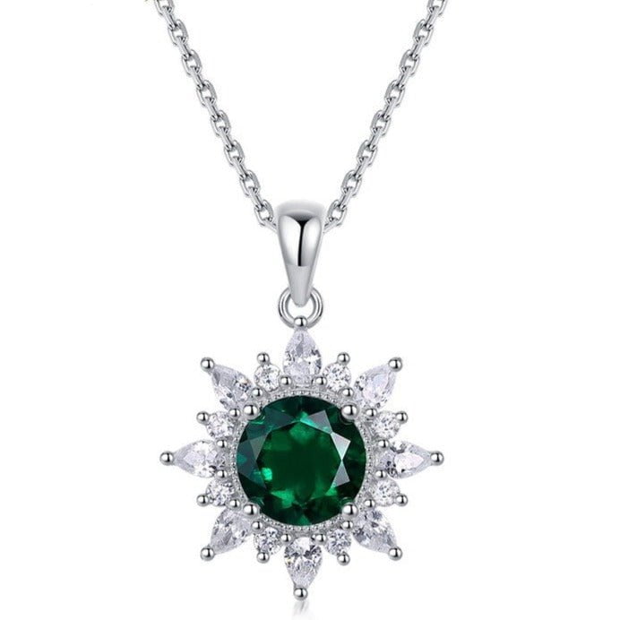 Exquisite gemstone silver necklace with round center stone and sparkling accents.