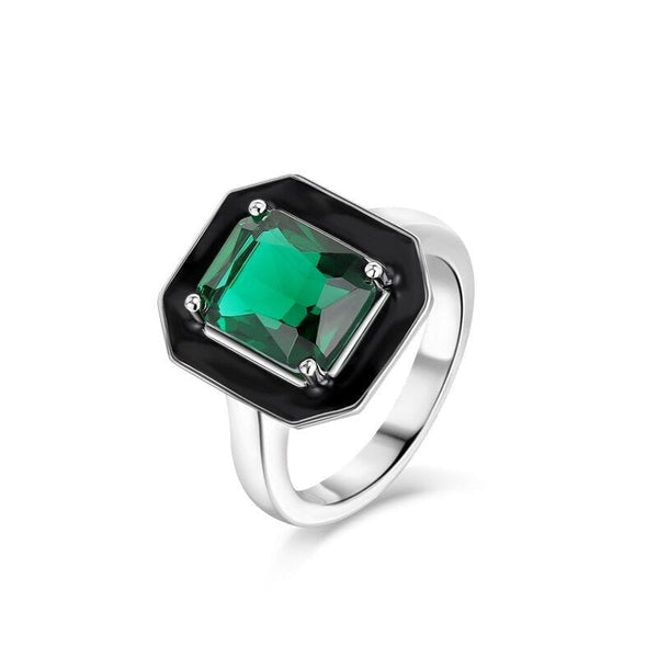Wee Luxury Silver Rings 5 / Silver Synthetic Green Crystal Black Square Ring