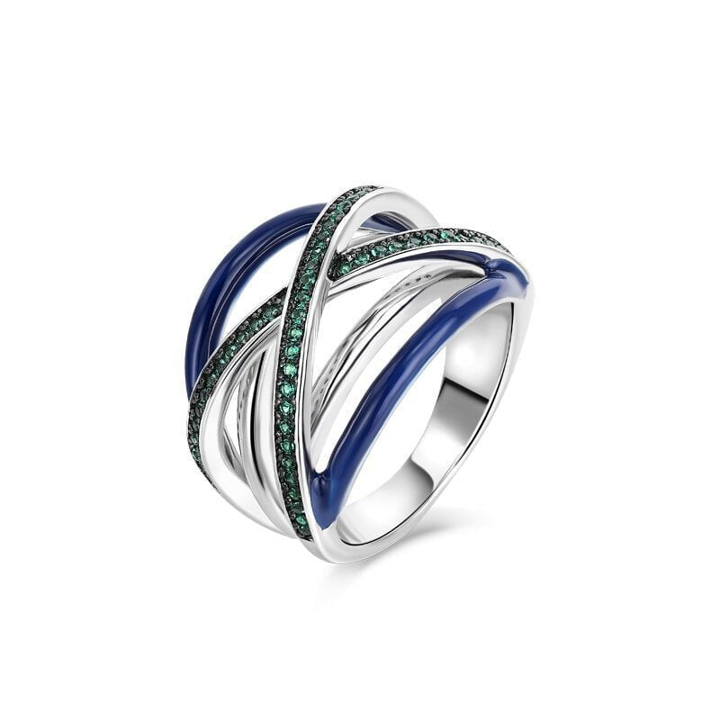 Wee Luxury Silver Rings 6 / Blue Zircon Cross Multi-Line Colour Enamel Ring