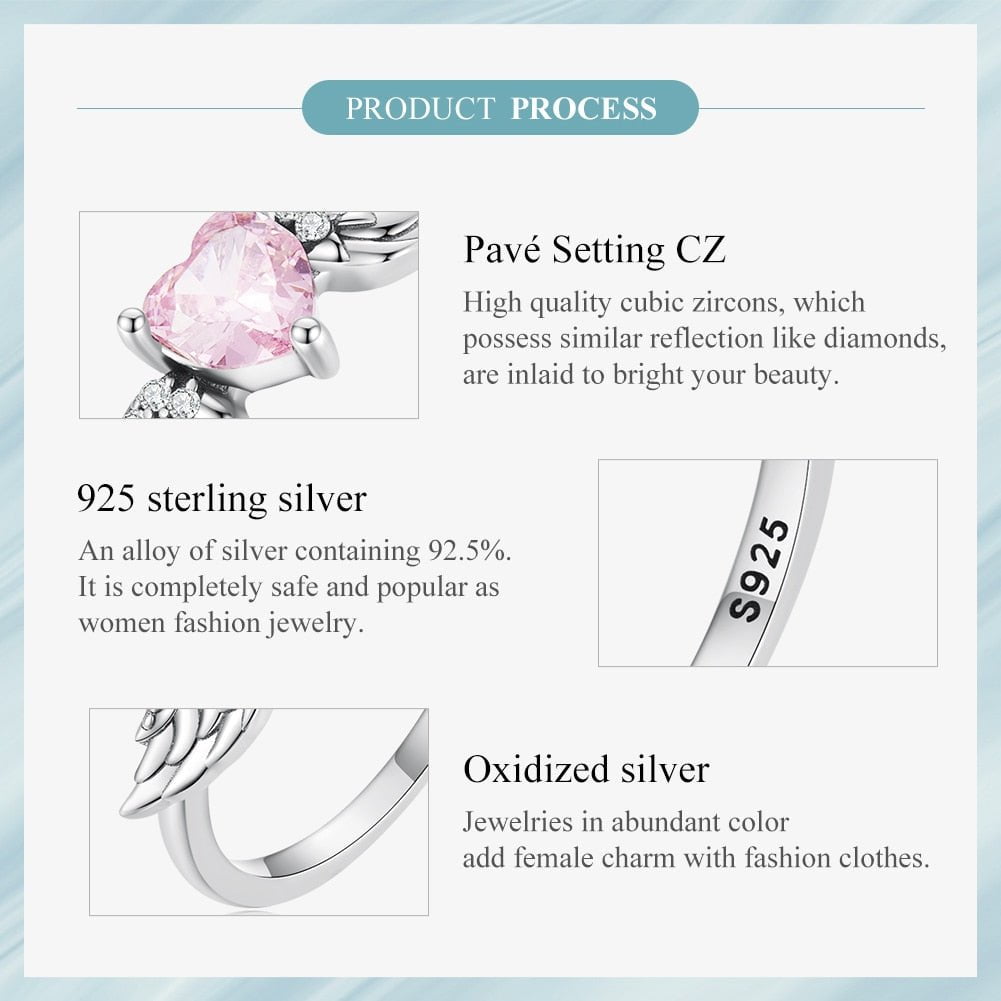 Wee Luxury Silver Rings Angel Wing Pink Heart Zircon Ring For Women