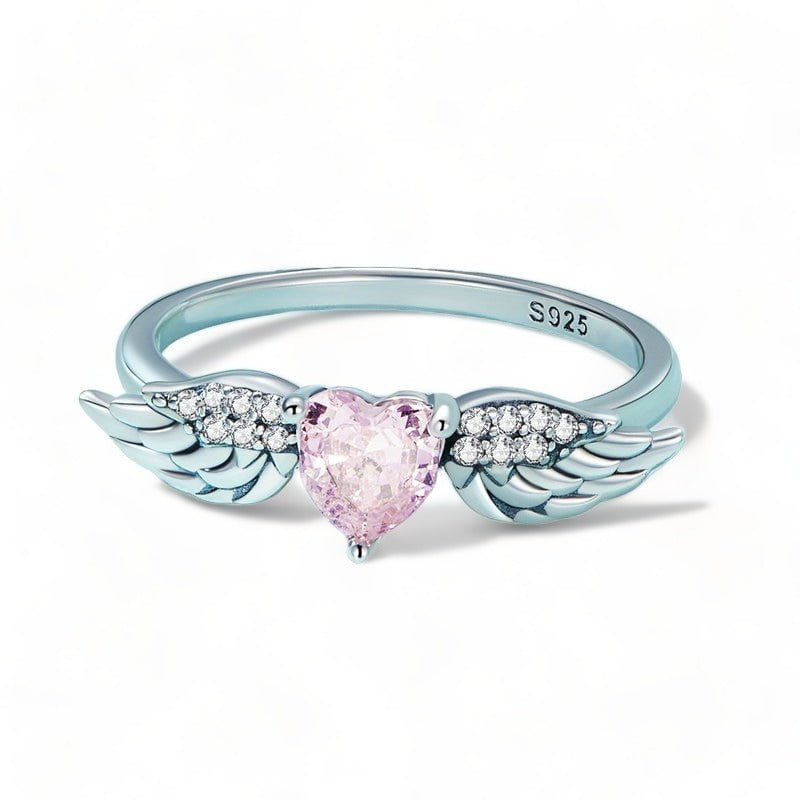 Wee Luxury Silver Rings Angel Wing Pink Heart Zircon Ring For Women