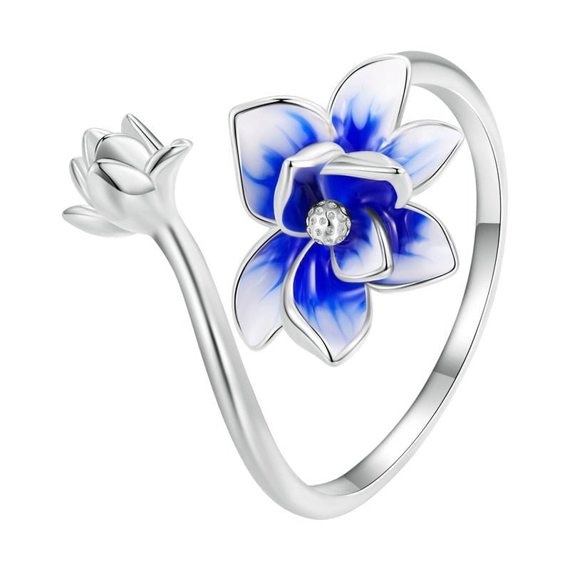 Wee Luxury Silver Rings Blue Adjustable Silver Lotus Opening Ring Flower Design