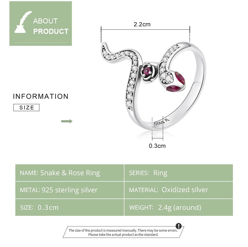 Wee Luxury Silver Rings Personality Cool Fashion Silver Snake & Rose Ring Women