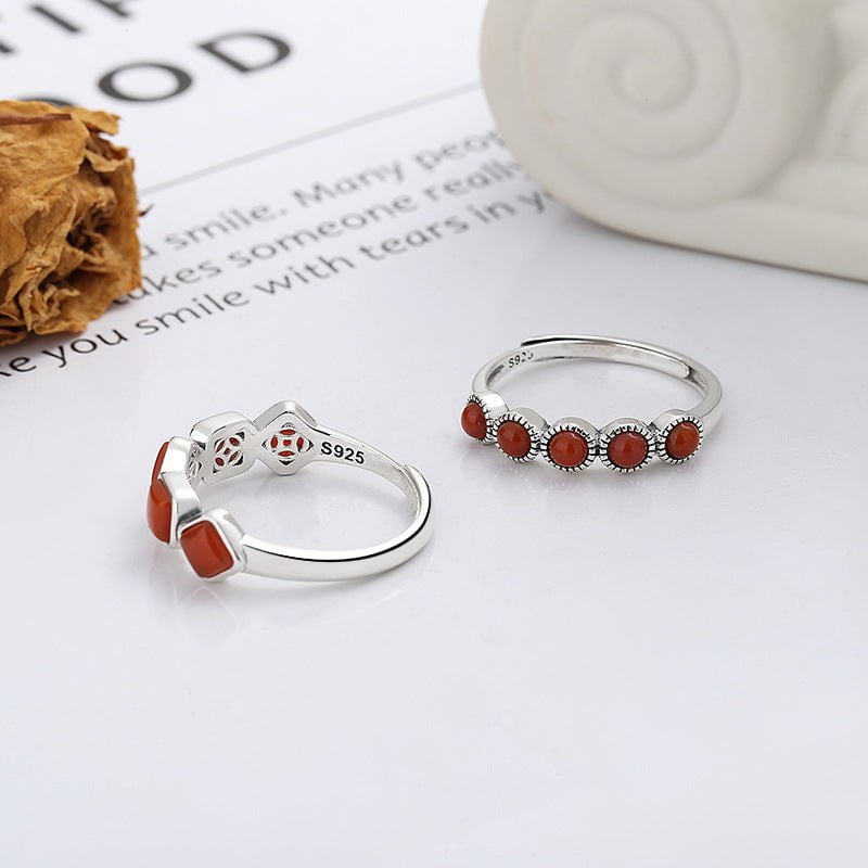 Wee Luxury Silver Rings Retro South Red Agate Silver Adjustable Opening Ring for Women