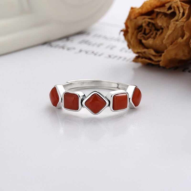 Wee Luxury Silver Rings Retro South Red Agate Silver Adjustable Opening Ring for Women