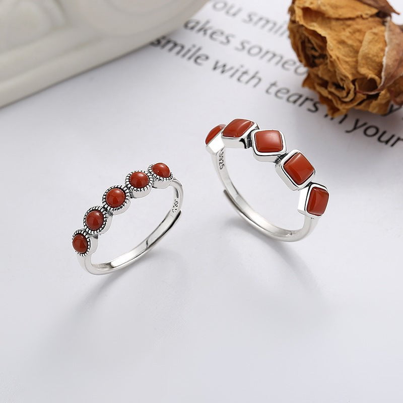 Wee Luxury Silver Rings Retro South Red Agate Silver Adjustable Opening Ring for Women