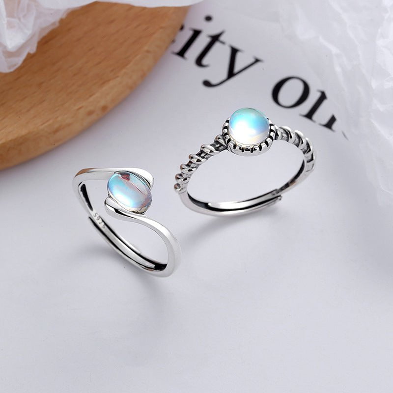 Wee Luxury Silver Rings S925 Sterling Silver Retro Design Adjustable Blue Moonstone Ladies Ring